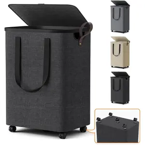 Laundry Basket with 5 Wheels, Tall Dirty Laundry Hamper, Rolling Laundry Basket with Lid, Collapsible Clothes Hamper for Bathroom Bedroom Dorm Laundry Room, Dark Gray, 75L