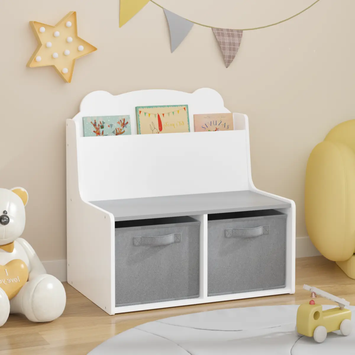 Kids Bookshelf with Reading Nook, Toy Storage Organizer with Bench and Storage Bins for Playroom, Classroom, Nursery, School, Kindergarten