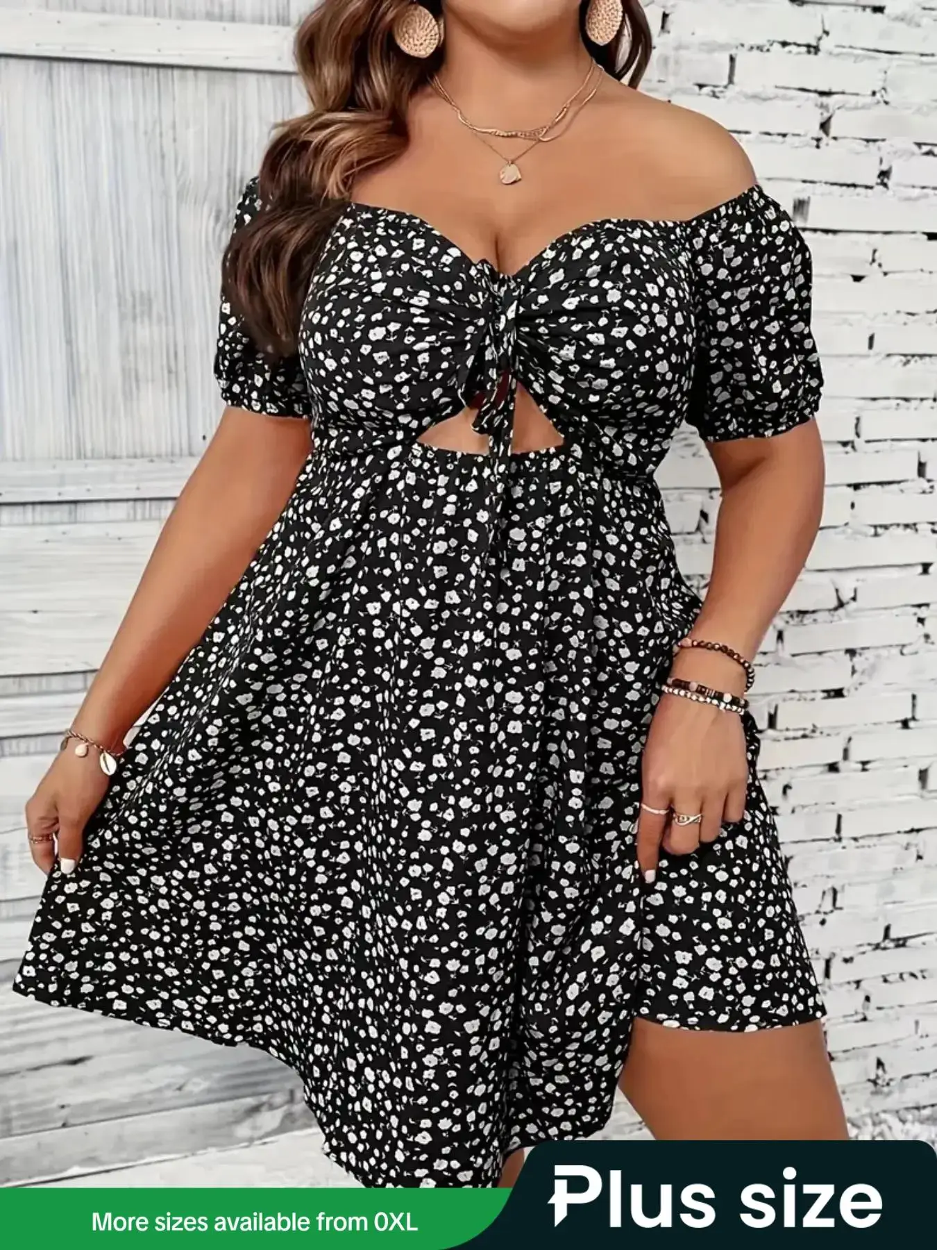 【Plus Size】 Ditsy Floral Print Bow Front Cut Out Vintage Dress, Boho Puff Sleeve Tie Front Off Shoulder Dress, Plus Size Dresses, Women's Summer Cloth