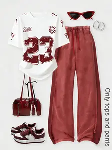 Women's Wide Leg Pants & Number 23 Short Sleeve Set, Casual Fit, Comfortable Daily Wear, Fashion Trendy Clothing