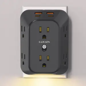 Multi Plug Outlet Extender Surge Protector with Night Light, 6 Outlet 4 USB(2A2C) Wall Adapter,  4 Sided Design, Touch Control 3 Level Night Light, 1050J Surge Protection for Home Travel