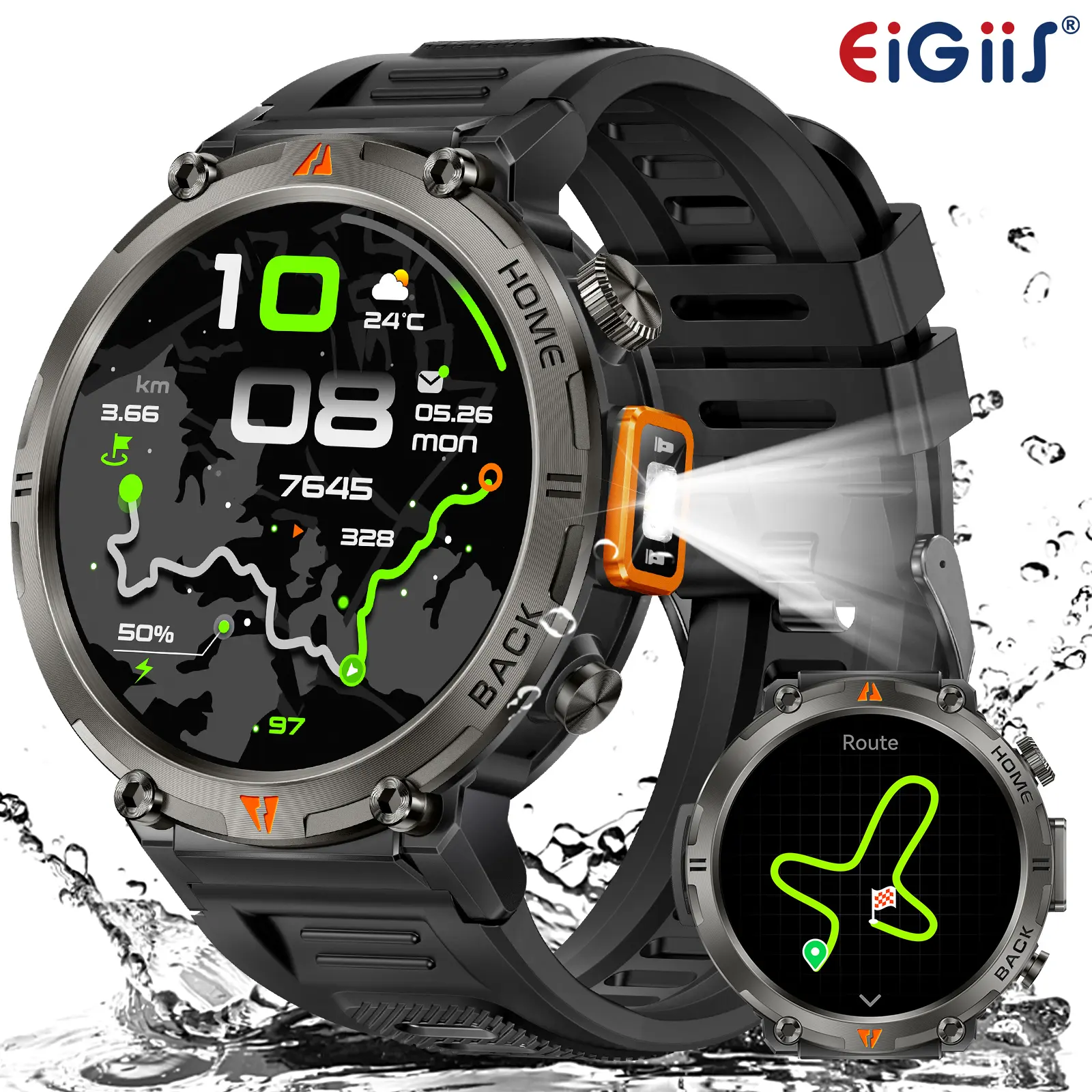 EIGIIS Rugged Smart Watch for Men with Built-in GPS & LED Flashlight, 3ATM Waterproof Tactical Outdoor Sport Watch, Answer/Make Call Smartwatch Fitness Tracker Gift for Men Android iOS