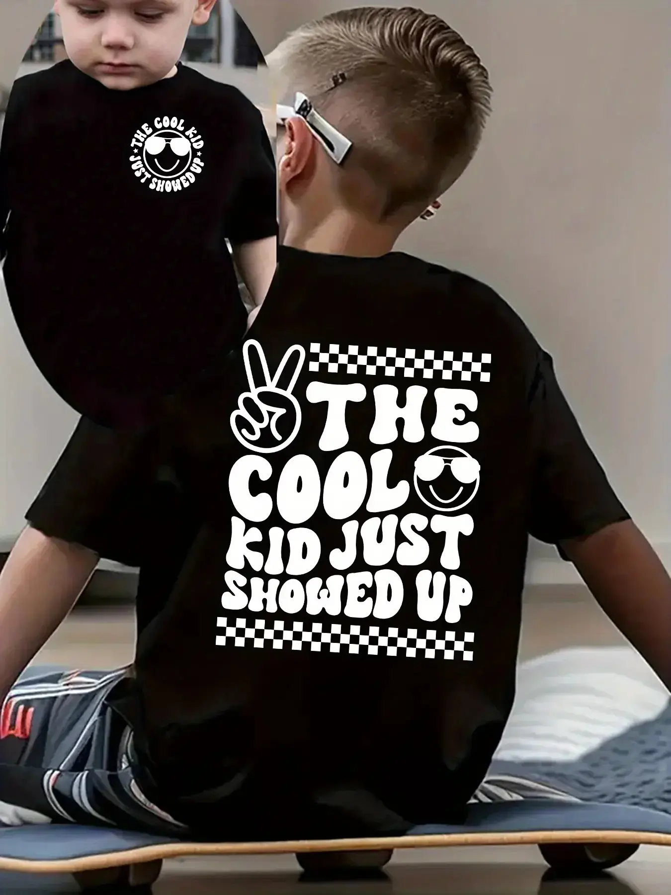 Boys' Cotton Short Sleeve Tee, Double-Sided Checkered Graphic T-Shirt with Peace Hand, Smile & Sunglasses, Retro Streetwear Outfit ("The Cool Kid" Design), Basic Look, Casual Outings