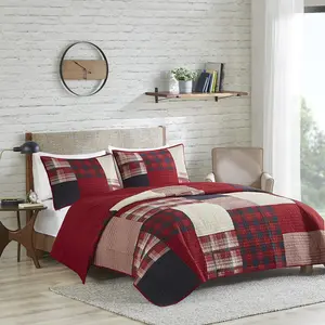 Woolrich Red Plaid Patchwork 3 Piece Oversized Lodge Bedding Quilt Set, Reversible, 100% Cotton