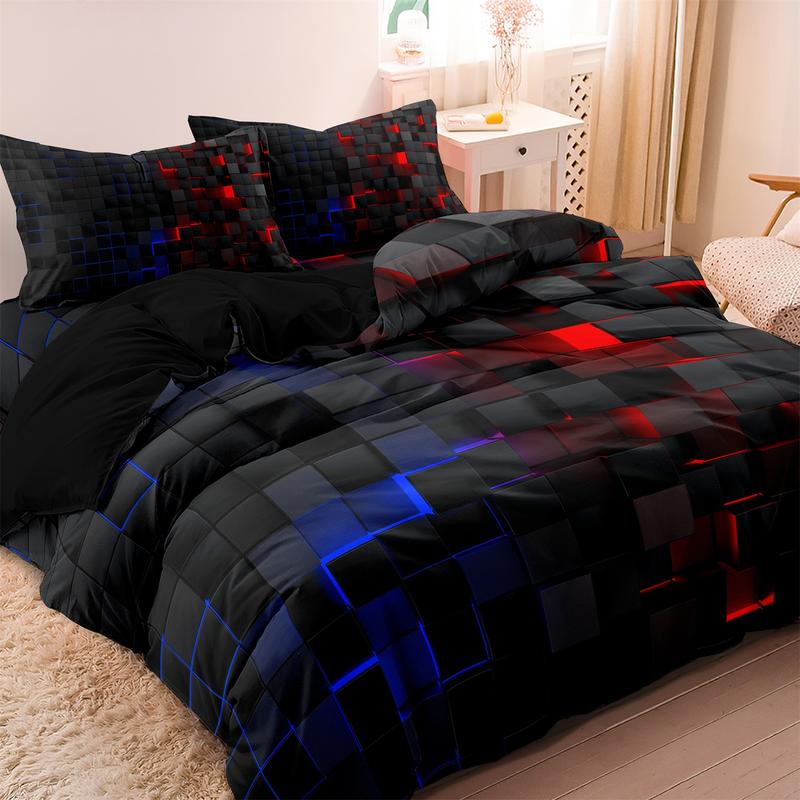 Geometric Print Duvet Cover Set, 3 Counts/set Including 1 Duvet Cover & 2 Pillowcases without Filler, Soft Comfortable Bedding Set For Home Bedroom Hotel Red Blue Grid