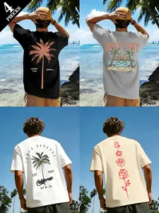 Men's American Vintage Beach Style Four-Piece Short Sleeve T-Shirts, Coconut Tree Rose Print, Casual Loose Fit Tops