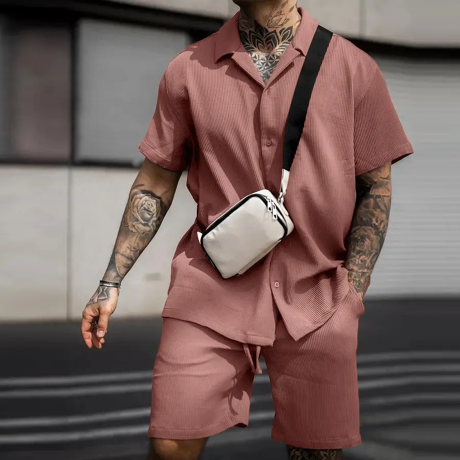 Men's 2-Piece Casual Khaki Menswear Set - Short-Sleeve Polo Shirt, Comfortable Cotton Pants, Breathable Daily Wear Outfit