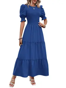 BTFBM Women Casual Summer Dresses 2026 Spring Crew Neck Ruffle Short Sleeve Floral Print Smocked Boho Flowy Maxi Dress
