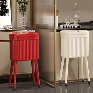 16L Tall Standing Kitchen Trash Can with Lid & 360° Wheels, Retro Cream/Red Rolling Garbage Bin with Dual Inner Buckets & Odor-Proof Seal, Elevated Legs Slim Gap Trash Can for Kitchen, Office & Home Organization