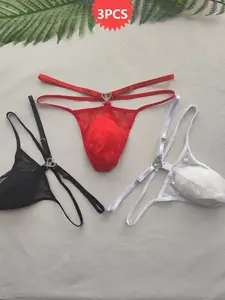 3PCS Men's Sexy Thong Underwear, Heart-Shaped Shiny Metal, Transparent Material, Sensual Waistband, Fashionable Nightwear