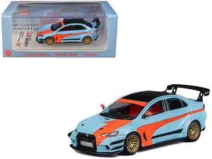 Mitsubishi Lancer Evolution X Varis RHD Light Blue with Black Top and Orange Stripes 1/64 Diecast Model Car by CM Model