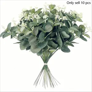 10 Pack Artificial Silver Dollar Eucalyptus Stems, Faux Eucalyptus Branches with Flowers, Greenery Leaves for Vase, Home Wedding Party Decor, Floral Arrangement, DIY Bouquet Wreath