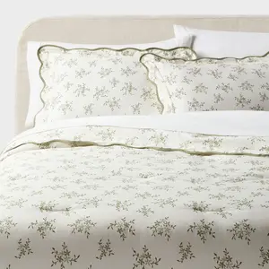 Full/Queen Floral Scallop Comforter and Sham Set Sage Green for Dorm - Threshold