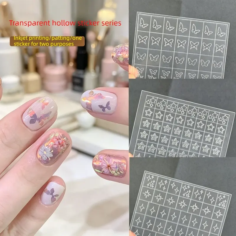 Dual-Use Nail Spray Stickers, Transparent Hollow Design, Butterfly Heart Star Snowflake, Nail Art Ornaments, Nail Art Supplies