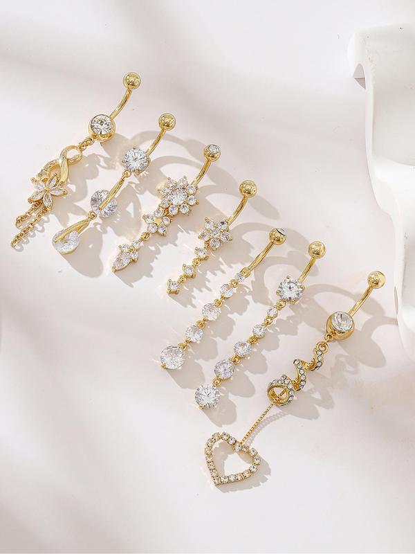 Women's Elegant Rhinestone & Flower & Heart Decor Belly Rings, Exquisite Trendy Belly Piercing Jewelry, Chic Body Jewelry for Party & Daily Decor, Sparkling Zircon Inlay