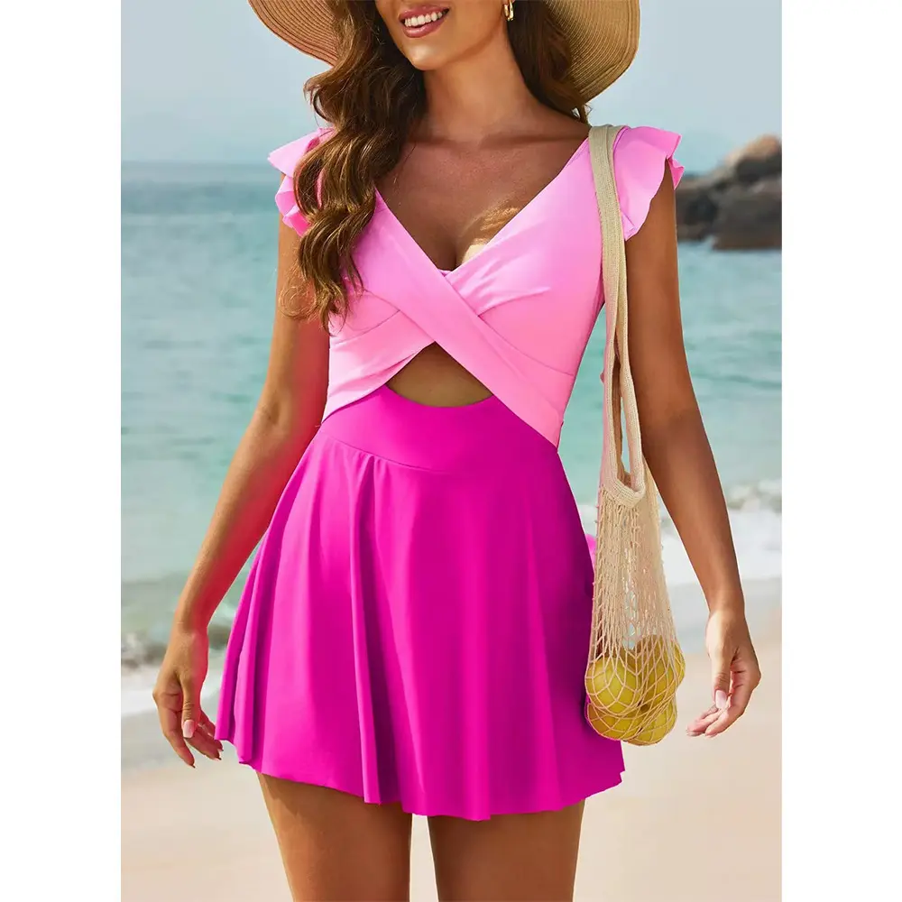 Women's One-Piece Swimsuit with Tummy Control Ruffle Cutout Swimdress  V Neck Wrap Swimwear Swimming Sport Clothing Beach Outdoorfun  Flattering High-Cut Design for Fall Beach Getaways