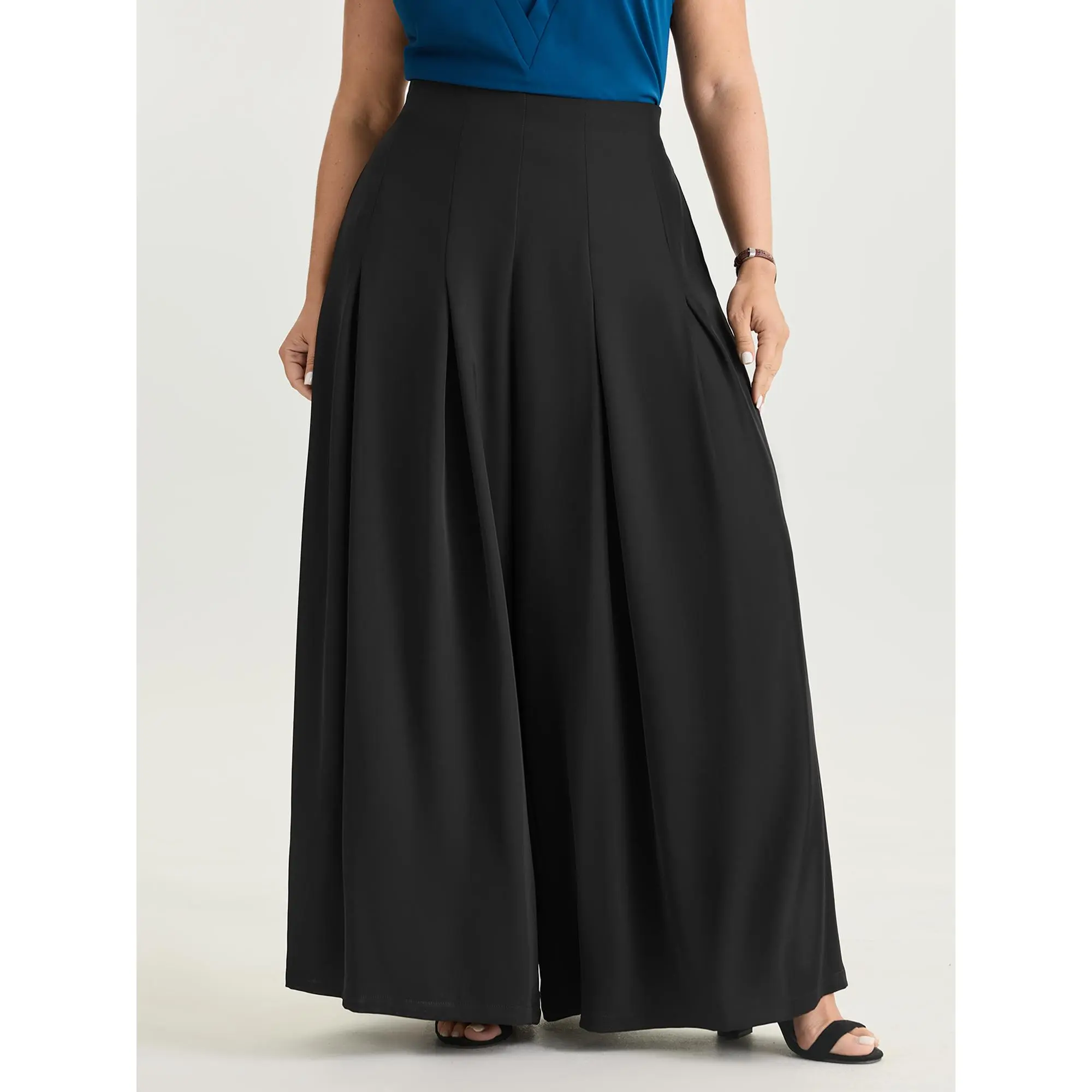 BLOOMCHIC Women's Plus Size Basic Bottom Trouser - Minimalist Elegant Plain Wide-Leg Garment, Polyester-Rayon Smooth Fabric, Cross-Tie Mid Rise Waistband, Pocket, M-6X Sizes, 2026 Summer Fashion Apparel, Business Casual Pants, Summerfinds, Plus Size Basic