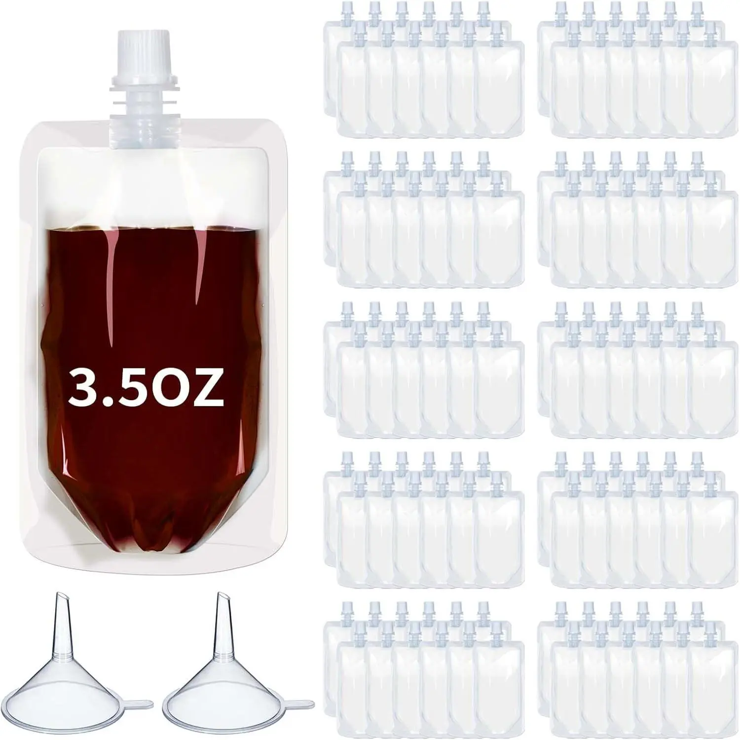 100 count Plastic Pouches Bulk  Squeeze Pouches Clear Juice Drink Bags Leak Proof with Funnel for Adults Travel Beverage Women Men(3.5 oz,Straight Mouth)
