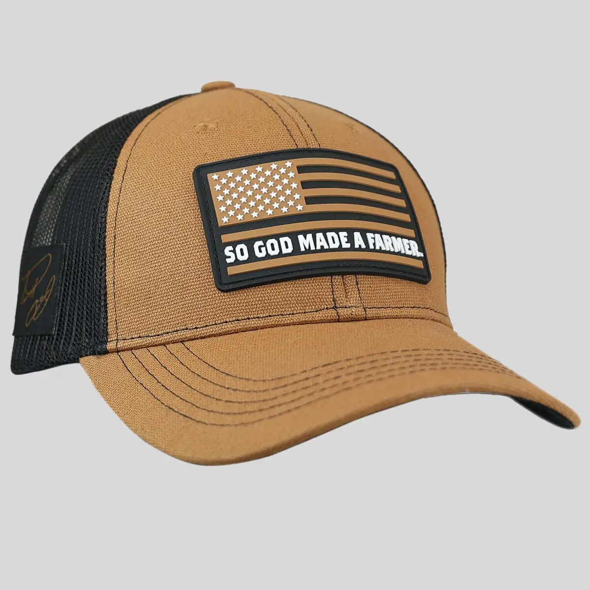 Men's Faith-Based Graphic Trucker Hat with "So God Made A Farmer" Embossed Patch, Brown Cotton and Mesh Adjustable Snapback, Faith-Based Graphic Hats