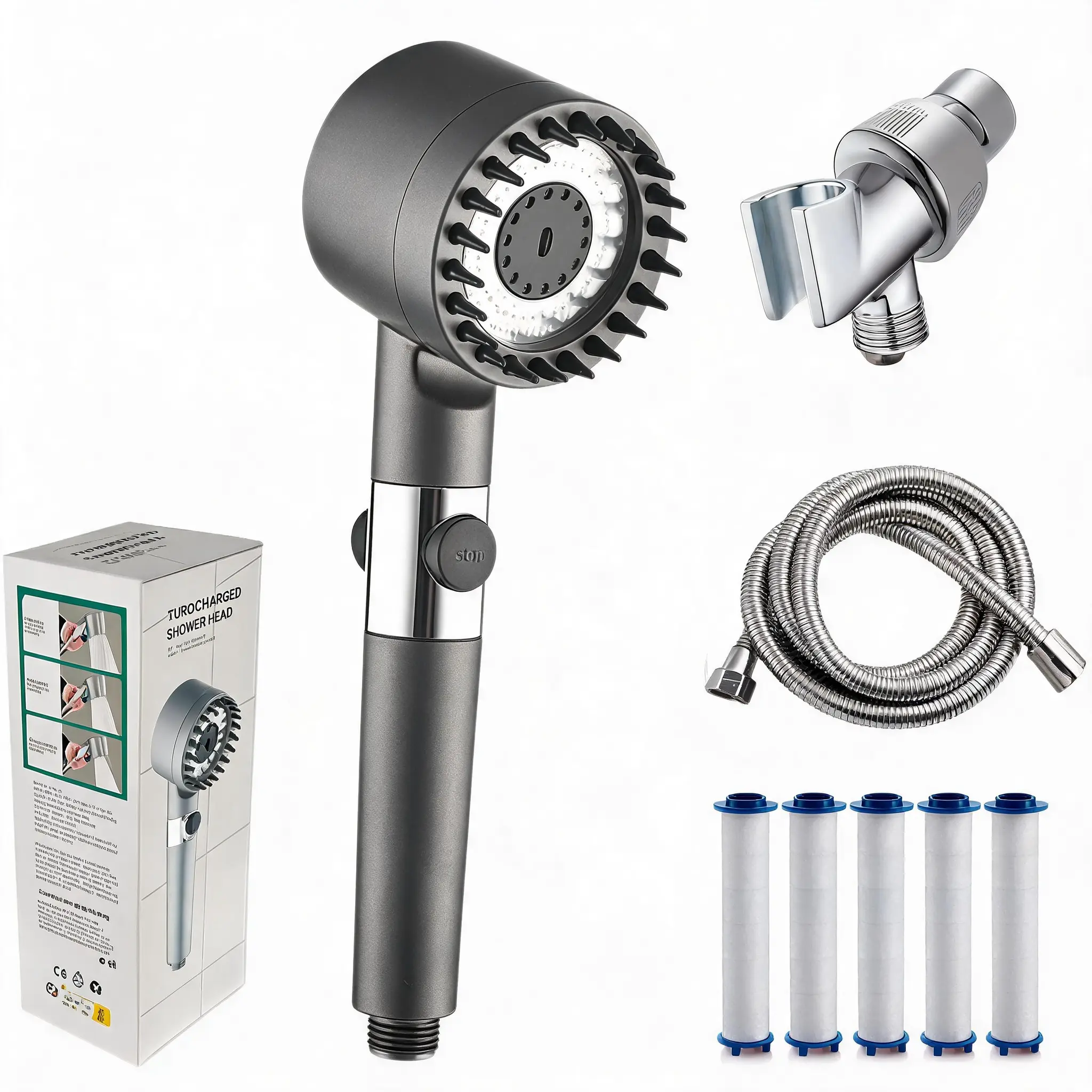 ABS 3-Function Adjustable Water Spray Detachable Handheld Shower Head with Turbo Boost High-Pressure & Hard Water Treatment for Dry Skin, Frizz, Adjustable Water Spray Handheld Showers