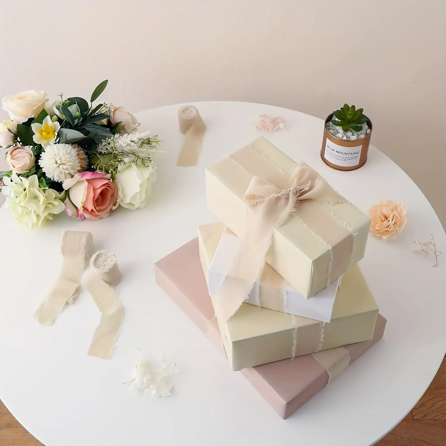 2 Rolls Champagne Beige Chiffon Ribbon Roll - 1.6" X 7 Yards, High-quality Handmade Edge Chiffon Ribbon, Perfect For Gift Wrapping, Wedding Bouquets, Bridal Decor & DIY Crafts, High-quality Handmade Edge Chiffon Ribbon