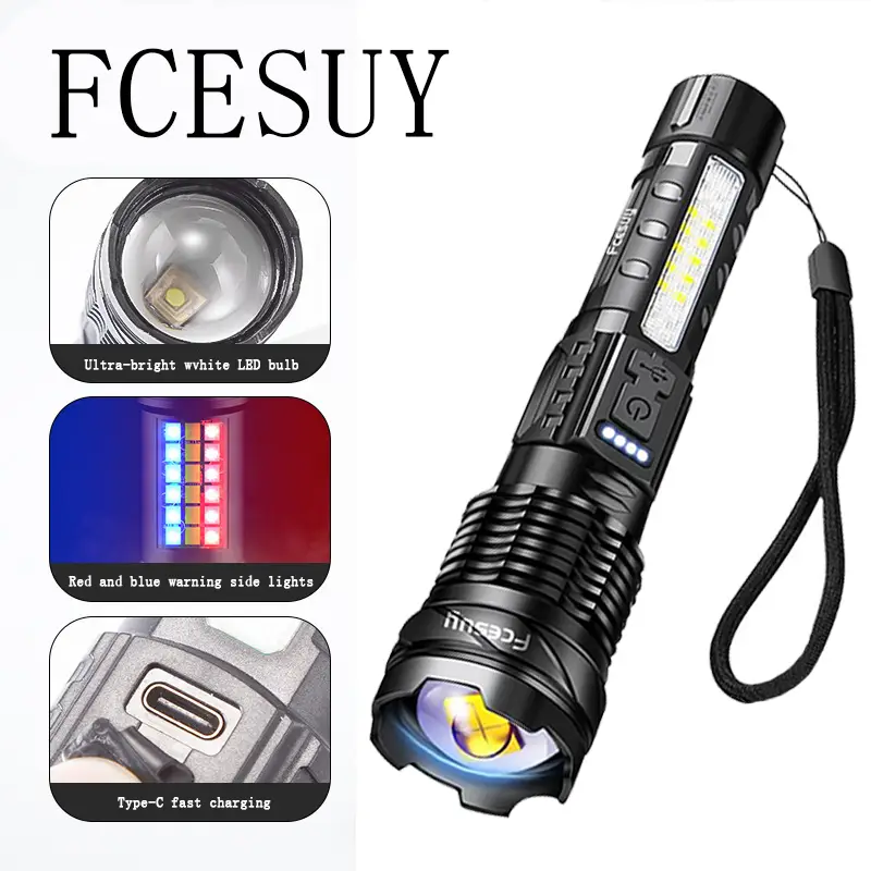 FCESUY strong flashlightRed/Blue Alarm Light/Waterproof//USB Rechargeable Emergency Lighting LED Flashlight/Camping Gadgets 2024/Fishing Garden Lighti