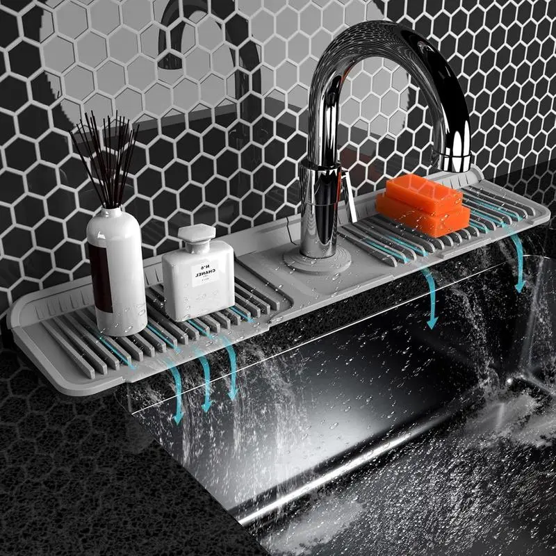 【Multi-functional】Kitchen Sink Faucet Mat, Silicone Folding Splash Guard, Draining Mat with Button Lock, Sink Faucet Protector, Sink Accessories for Kitchen Household Items Cleaners 24x5.6 inches Easy to Clean No-Mess Gift for New Homeowners #Summervibes