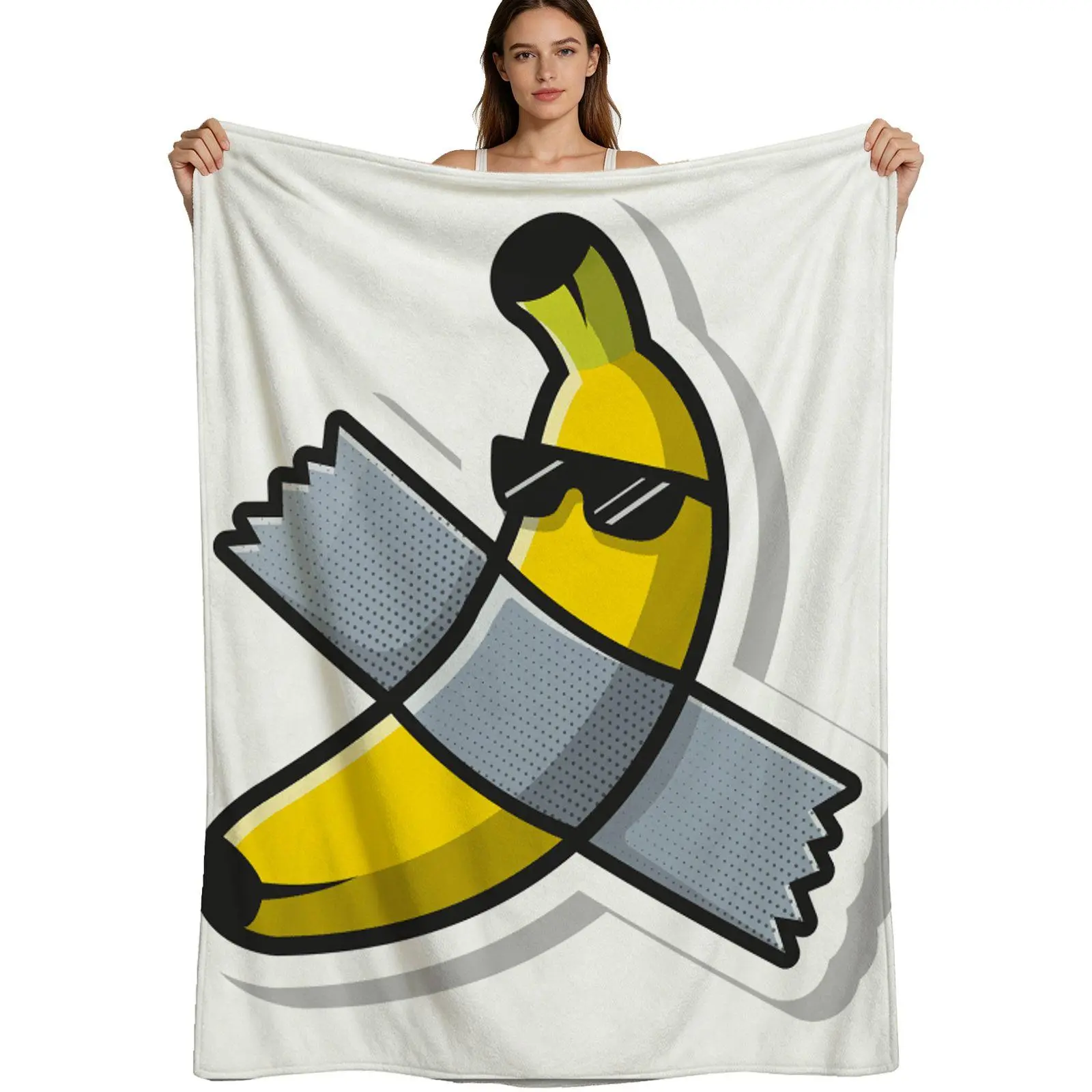 Cool Cartoon Style, Warm Flannel Blanket, Funny Banana With Sunglasses And Tape Design, Soft Fleece Fabric With Detailed Print, For Teens And Dorm Decor, 4 Sizes Available Single Pack
