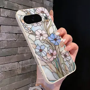 Rounded Edge Phone Case for Google Pixel 10 9 XL 8 7 Pro A  Floral Stained Glass Pattern Anti-Scratch Shockproof TPU Bumper Drop-proof Cover Cellphone Protective