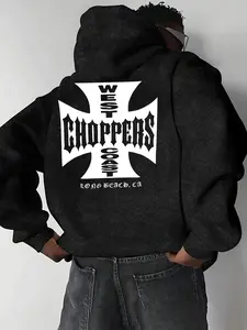 Men's Fall Winter Graphic Print Hoodie, Loose-Fit Casual Style, Thick Kint Fabric, West Choppers Print, Comfortable & Stylish Design