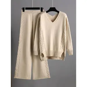 Casual Knitted Wide Leg Pants Sweater Suit Ladies Autumn and Winter Wear loose fashion Temperament Two-piece Set Can be used with raincoat
