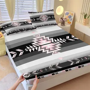 Aztec Print Fitted Sheet Set and 2 Coreless Pillowcases, Ethnic Geometric Pattern Combination of Diamond Totems, Soft Anti-Slip Wrinkle-Resistant, Neutral Industrial Style Bedroom Decor, Gift Choice