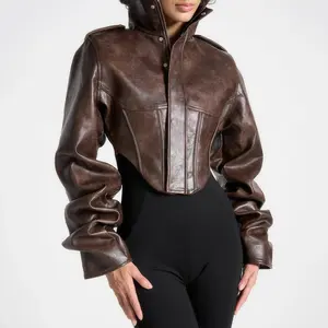Women's High-end Affordable Luxury Brown Imitation Leather Slim Fit Long Sleeve Short Fishbone Coat All Seasons Medium Length Casual Tops