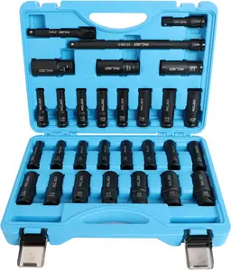 1/2" 29PCS Drive Impact Socket Set, SAE (3/8 to 1 inch) and Metric (10-24mm) Sizes with Extension Bars Standard Deep Socket Set CR-MO Material High Torque Truck Bearing Locknut