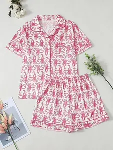 Women’s Y2K Pajama Set – 2 Piece Button Down Top & Monkey Print Shorts Loungewear PJs