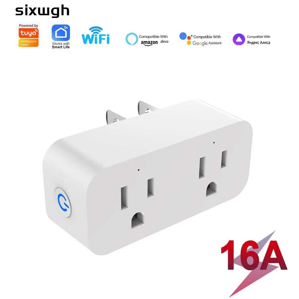 Tuya WiFi Smart Plug - New US Standard, 16A, Dual-Socket Design, Timer Function, Remote Control Compatibility for 2 Devices