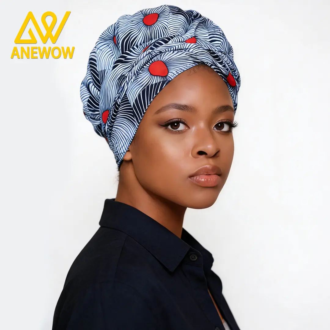 ANEWOW Navy White Wave Red Dot Ankara Satin Lined Headwrap