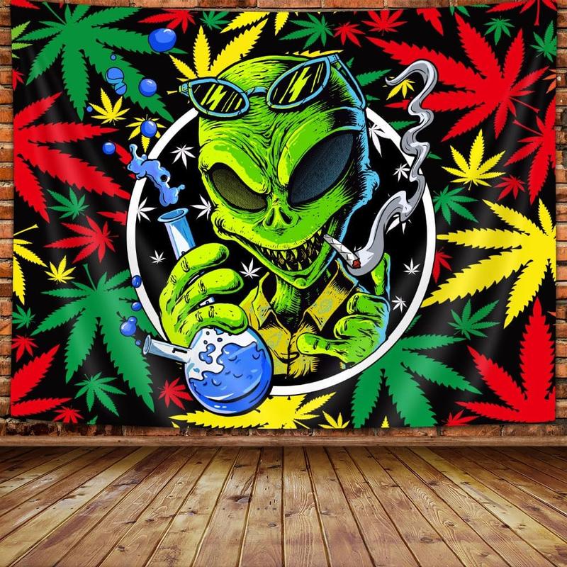 60in x 40in tapestry Wathon Trippy Weed Marijuana Tapestry, Cool Alien Marijuana Leaf Wall Tapestry for Bedroom, Psychedelic Tie Dye Stoner Tapestries for Men Aesthetic Hippie Wall Art Poster Dorm Home Decor