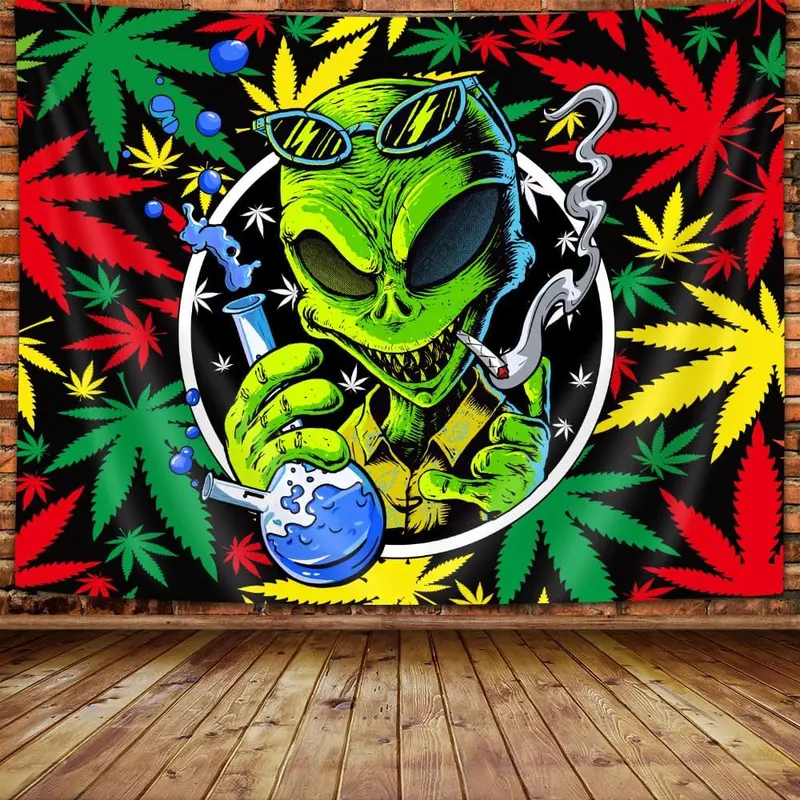 60in x 40in tapestry Wathon Trippy Weed Marijuana Tapestry, Cool Alien Marijuana Leaf Wall Tapestry for Bedroom, Psychedelic Tie Dye Stoner Tapestries for Men Aesthetic Hippie Wall Art Poster Dorm Home Decor