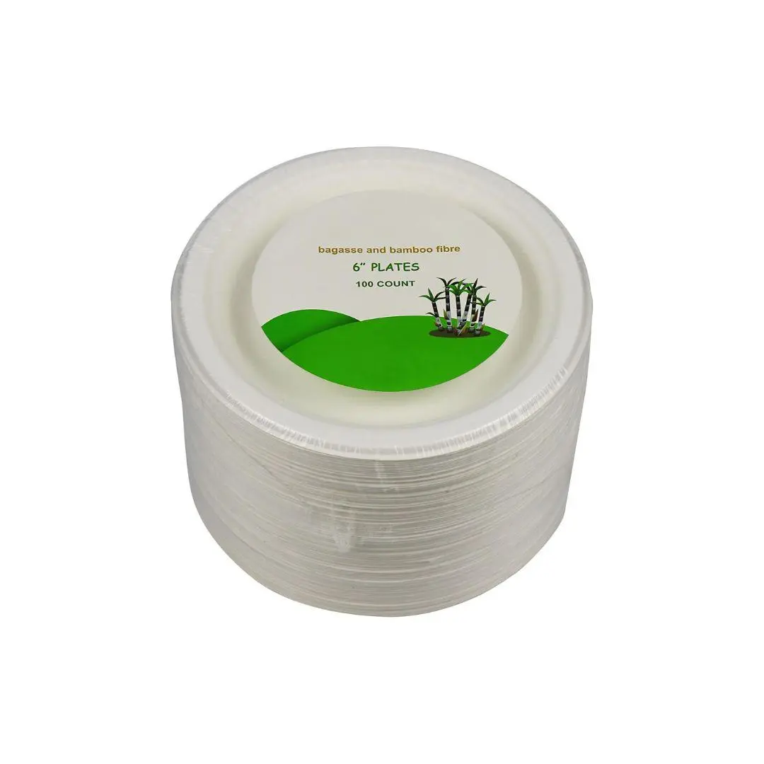 6 inch Small Compostable Dessert Plates,100 Count Heavyduty Sugarcane/Bagasse and Bamboo Fibre Biodegradable Disposable Paper Plate