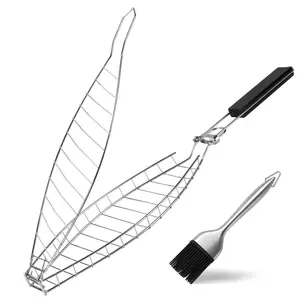 Fish BBQ Grill Basket with Oil Brush, Stainless Steel BBQ Fish Grill Holder with Removable Handle, BBQ Grill Rack for Fish, Steak, grill brush
