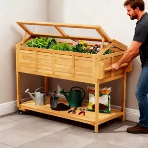 Mobile Raised Garden Bed, Elevated Wooden Planter Box Cart with Storage Shelf ,Cold Frame with Green House Cover,Nature