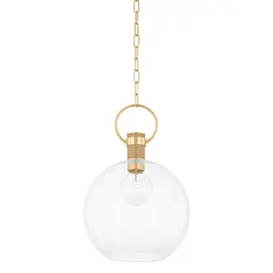 Catrine Large Pendant Light - Aged Brass Globe with Grass Cloth Wrap and Industrial Design