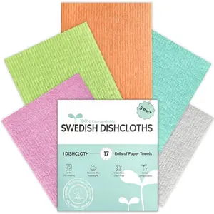 Swedish Dishcloths for Kitchen, 5 Pack Swedish Dish Cloths, Ultra Absorbent Reusable Paper Towels, Cellulose Sponge Cloths, Quick Drying, No Odor, Dishwasher Safe