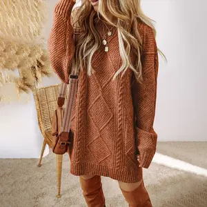 ChicMe Women's Round Neck Long Sleeve Warm Sweater Dress Casual Loose Fit Cable Knit Pullover Mini Dress