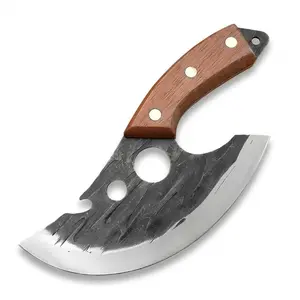 Hand Forged Ulu Knife with Wooden Handle, Sharp Pizza Cutter for Home Kitchen, Multi-use Ulu Knife for Outdoor Camping, Heavy Duty Meat Cutting Ulu Knife, Vintage Viking Style Kitchen Knife with Bottle Opener