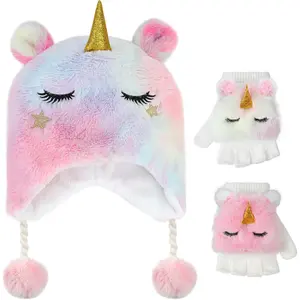 X-KCP05   Unicorn Winter Hats and Gloves for Girls, Cute Fluffy Girls Earflap Beanie with Winter Mitten for Kids