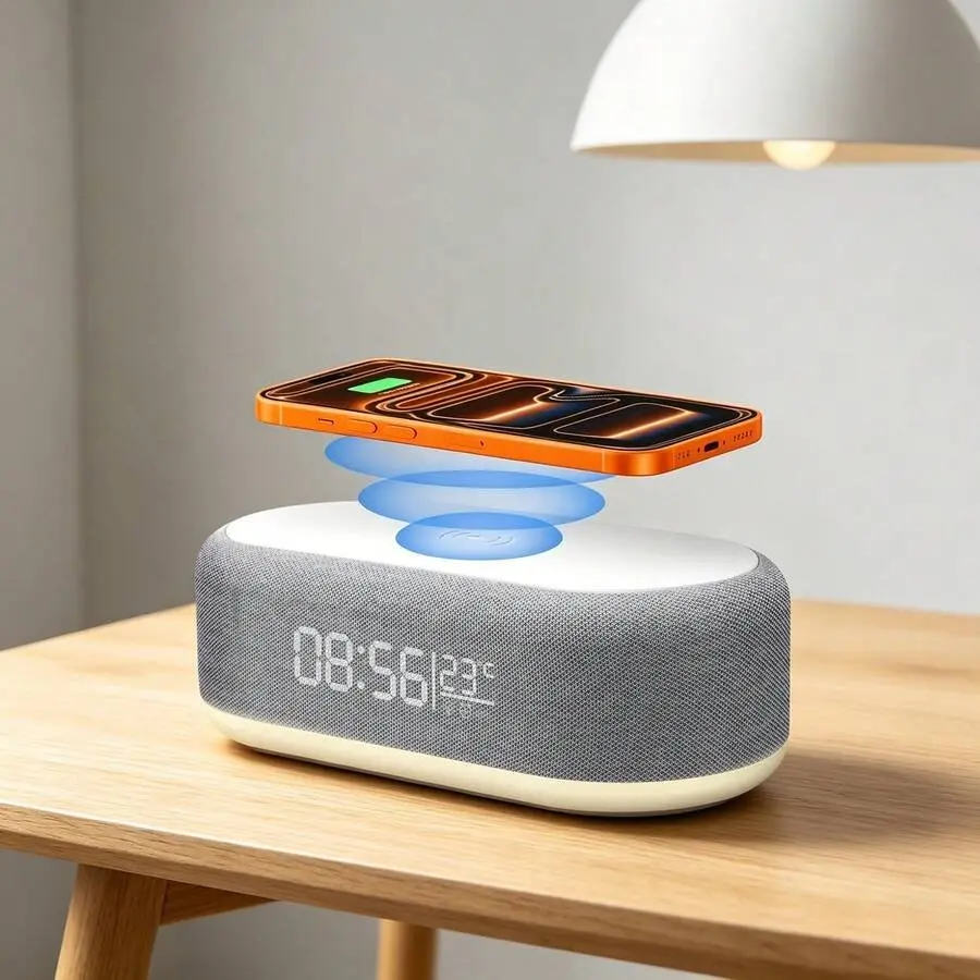 Alarm Clock Wireless Charger with LED Night Light, 15W Fast Charging Station for iPhone Samsung, Multifunction Digital Clock Time & Temperature Display
