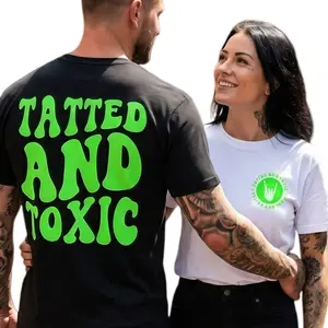 Tatted and Toxic Shirt Funny Retro Wavy Lettering Cute Trendy Tattooed Life Lime Green and Black Short Sleeve Cotton Crew Neck Classic Fit Casual Top