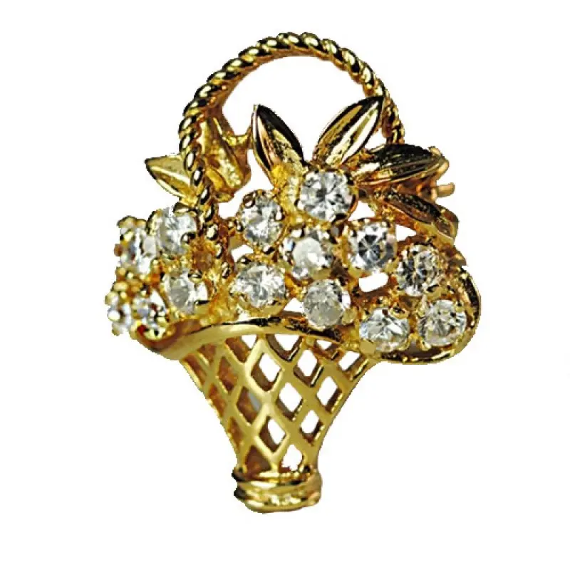 Classic Basket-Shape Sterling Silver Brooch with 24 Karat Yellow Gold, Crystal Accents, Clip-on Design for Casual Wear